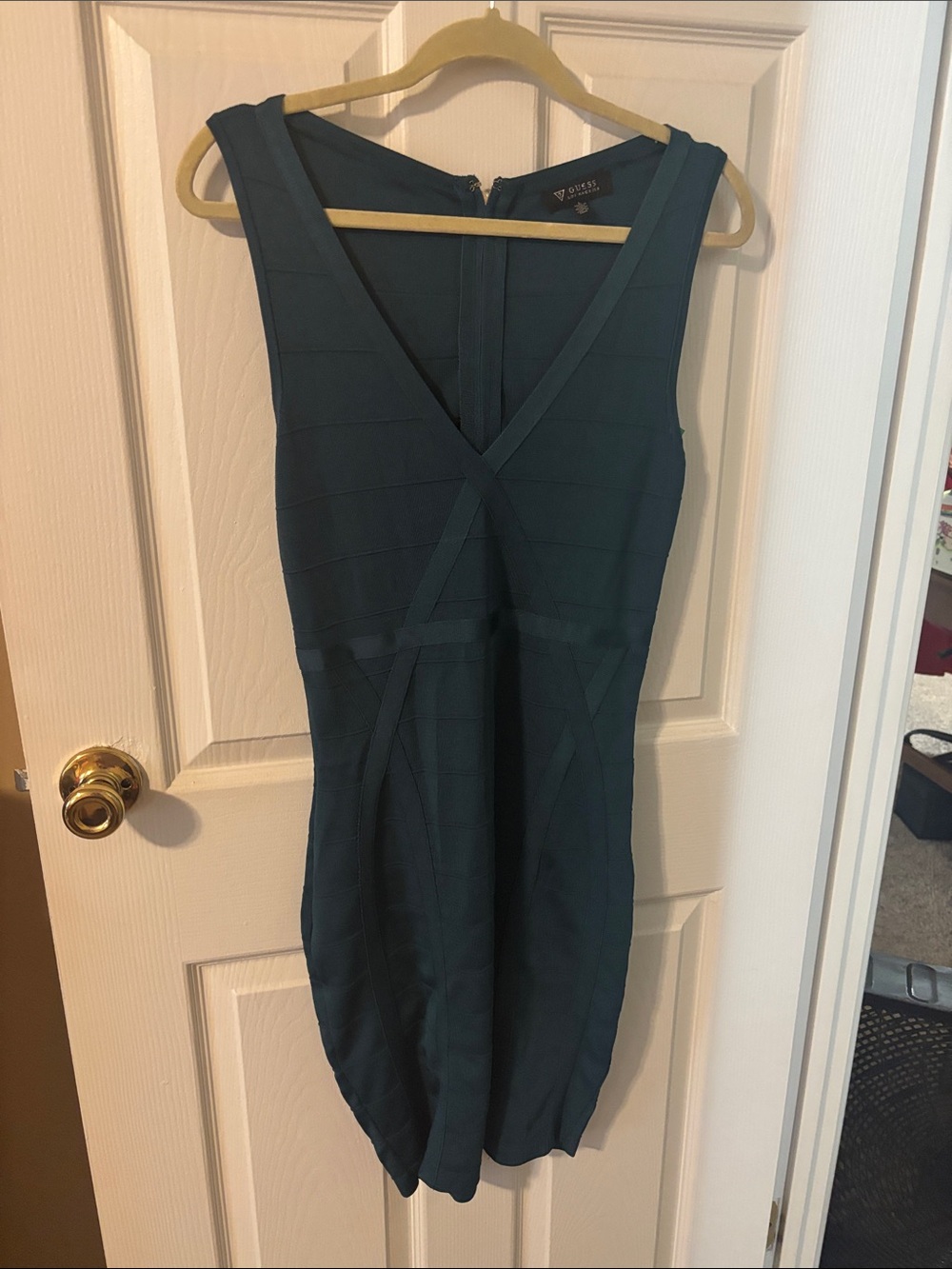 Guess Teal V-Neck Bandage Midi Dress